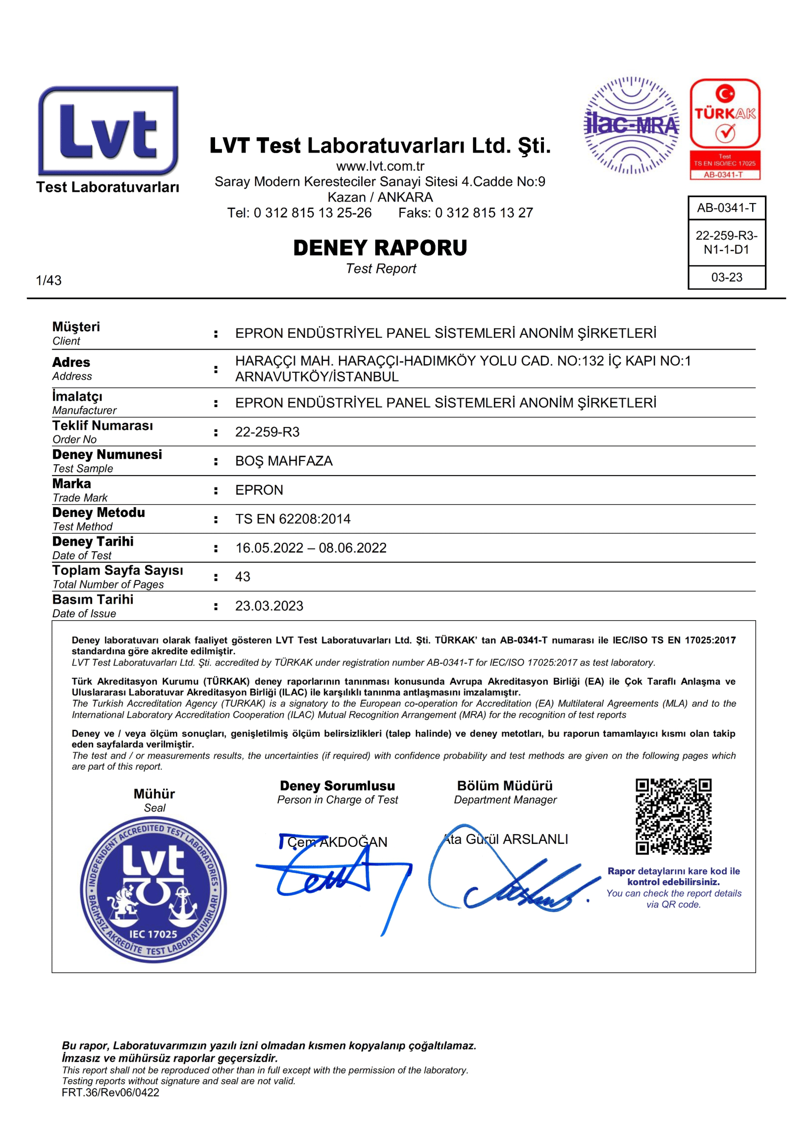 Epron TS EN 62208 Boş Muhafaza (22-259-R3 Rapor)-01